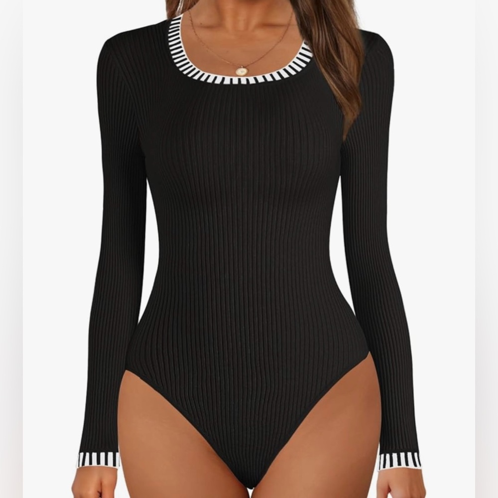 Merokeety Black and White Long Sleeve Ribbed Knit Bodysuit, Size Small